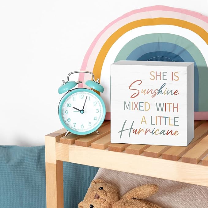 JXREQ Nursery Shelf Table Decor Baby Girls Inspirational Wood Box Sign, Girls Room Decor Playroom Bedroom, She is Sunshine Mixed with a Little Hurricane Sign Desk Decor, 5x5 Inch, White