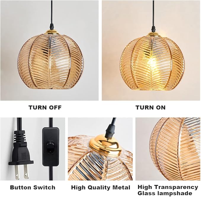 Plug in Glass Pendant Light Mid-Century Modern Striped Amber Glass Hanging Ceiling Lighting Fixture with 14.7FT Cord, Globe Decor Chandelier For Living Room, Bedroom, Dining Hall, Kitchen (Amber)