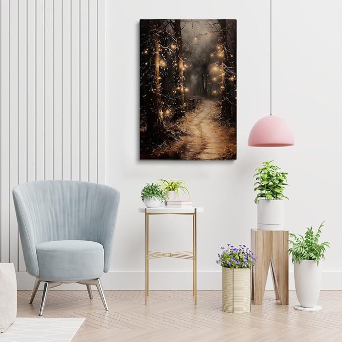 Moody Christmas Path Oil Painting, Whimsical Dark Cottage Core Wall Art, Dark Academia, 12x16in Framed Art for Living Room, Bedroom & Fireplace Decor