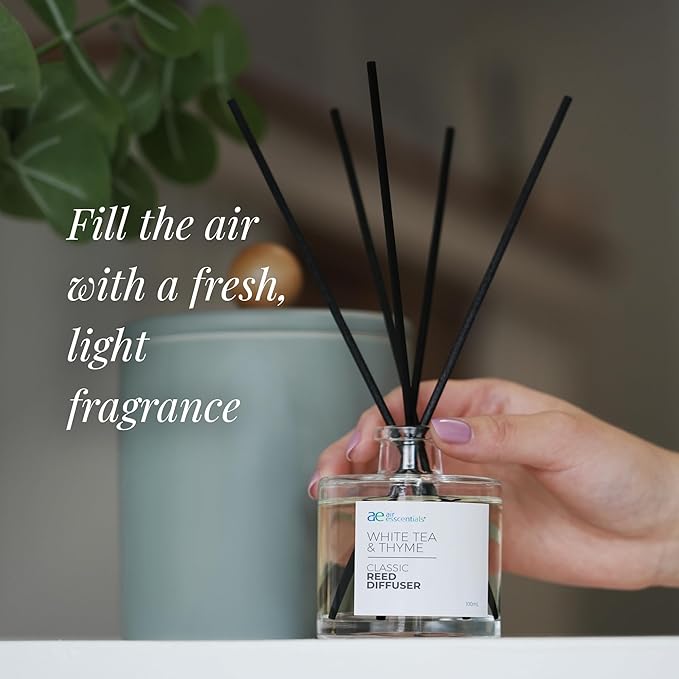 Air Esscentials Classic White Tea & Thyme Reed Diffuser Set - Decorative Fragrance Diffuser & Oil for Bathroom & Home | Long-Lasting Aroma | Natural Scent Sticks | Essential Oils & Botanicals| 100mL