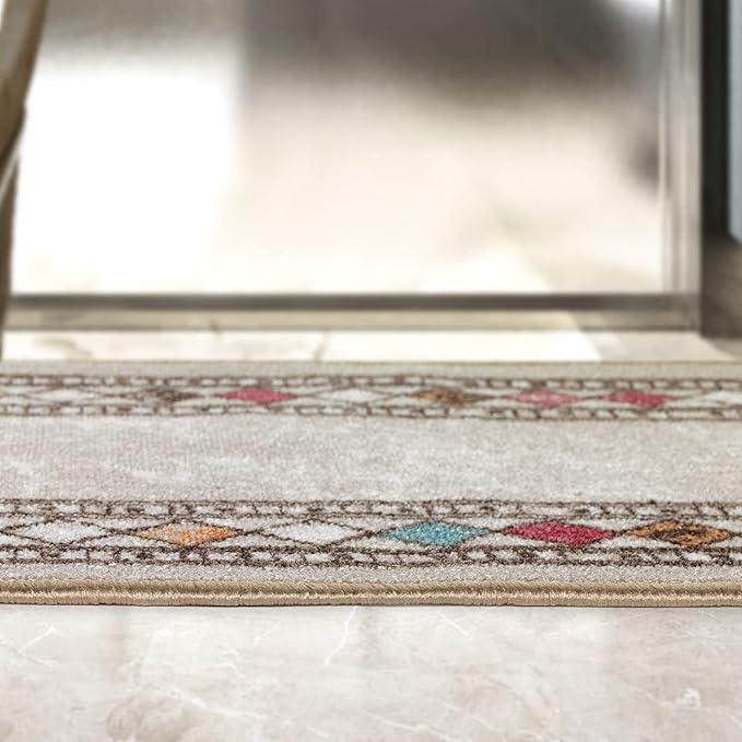 Antep Rugs Alfombras Modern Bordered 2pc Non-Skid (Non-Slip) Low Profile Pile Rubber Backing Indoor Kitchen Runner Rugs (Beige, 2pc Set)