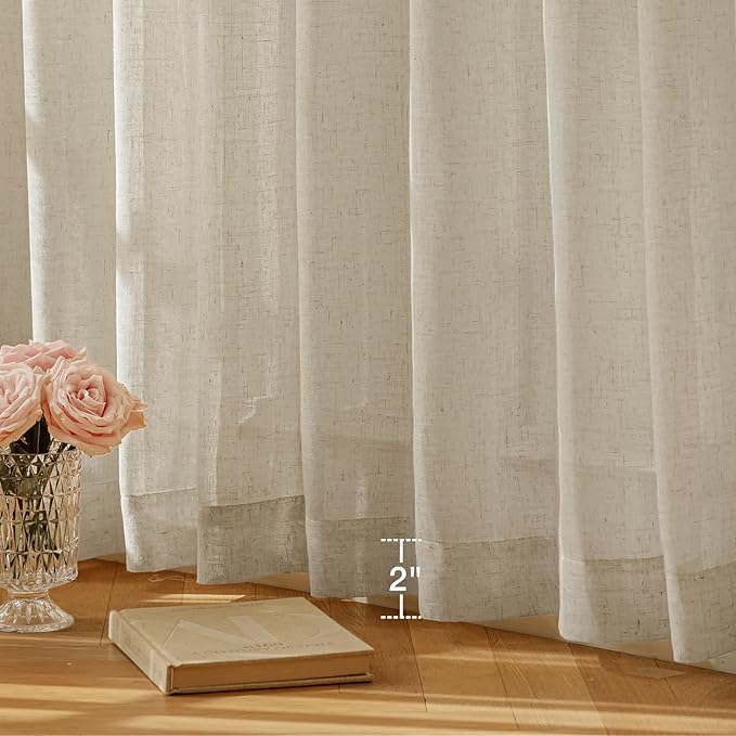 Anmao Natural Linen Curtains for Living Room 45 Inch Length 2 Panels Set, Light Filtering Semi Sheer Window Curtain Drapes for Bedroom with Curtain Rings and Clips, 52 Inch Wide Each Panel, Linen