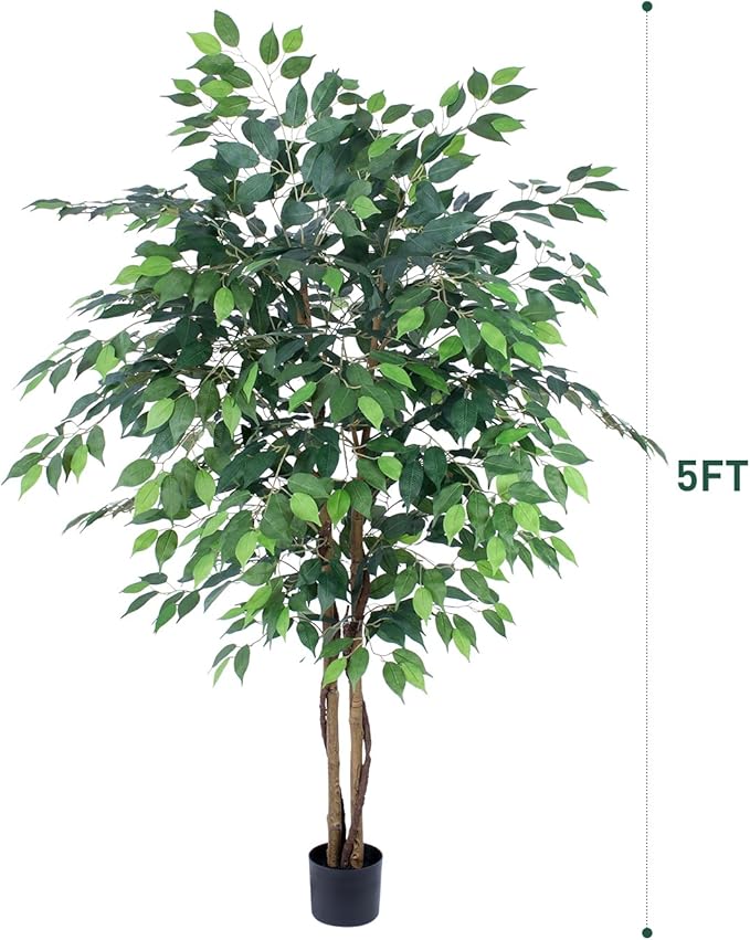 Artificial Ficus Tree 5ft, Artificial Plants Indoor with Realistic Leaves & Trunk, Fake Plants for Home Office Living Room Decor.