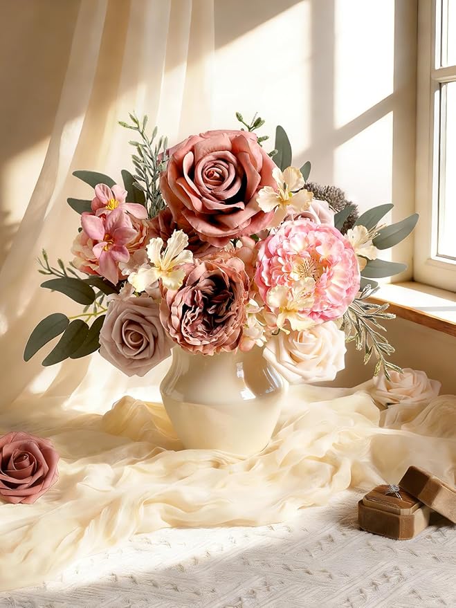 Dusty Rose Artificial Flowers Set - Fake Roses, Peonies, Silk Flowers with Stems for DIY Wedding Bouquets,Floral Arrangement,Table Centerpieces,Baby Shower, Home Decor