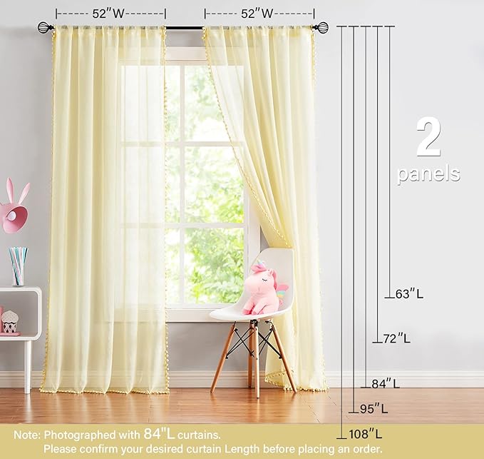 Treatmentex Pom Pom Yellow Sheer Curtains for Girl's Room 63" Linen Texture Voile Draperies for Bedroom 52" w 2 Pack