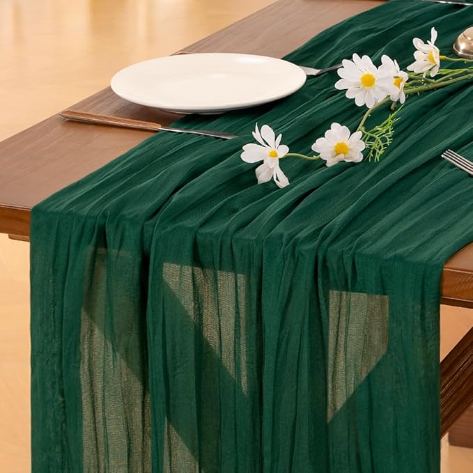 Socomi 6pcs Emerald Green Cheesecloth Table Runner Valentine's Day Boho Rustic Gauze 120 inch 10FT Cheese Cloth Runner for Wedding Party Baby Shower Birthday Home Decor Holiday Decorations