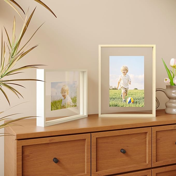 Egofine 9x12 Floating Frames Set of 2, Double Plexiglass Picture Frame, Made of Solid Wood Display Any Size Photo up to 9x12, Wall Mount or Tabletop Standing, Natural Wood