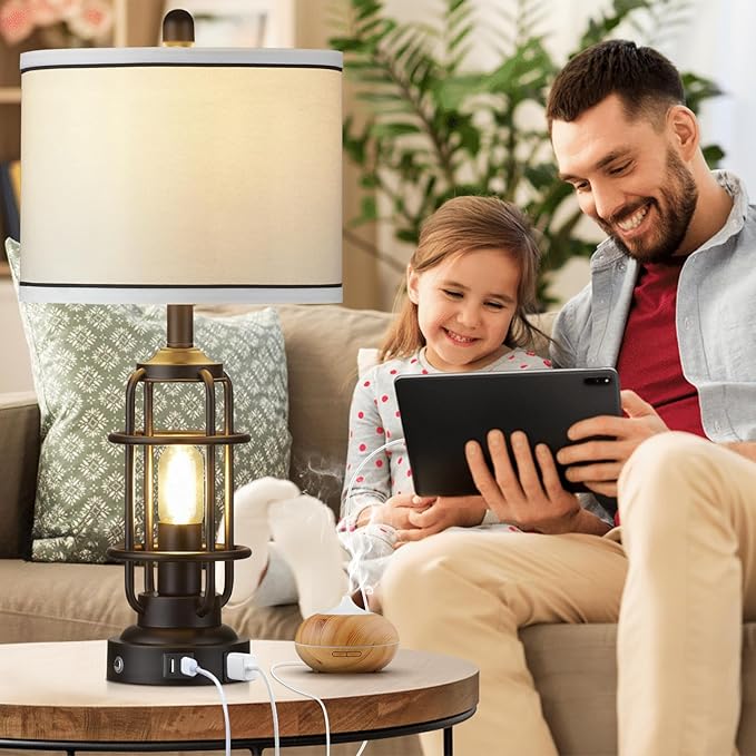 26" Modern Lamp for Living Room, Industrial 3-Way Dimmable Beside Table Lamp with USB A+C Charging Ports & AC Outlet, Touch Control Beside Lamp LED Night Light for Bedroom Single(2 Bulbs Included)
