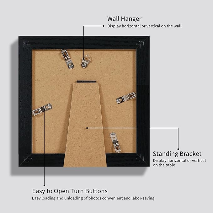 iRahmen 6x6 Picture Frame Set of 4 with High Definition Glass, Black Frames Display 4x4 Picture with Mat or 6 x 6 Without Mat, Square Wood Photo Frame for Wall Mount and Tabletop Display