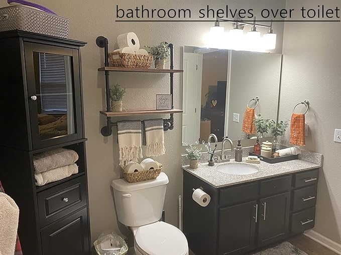 ROGMARS Industrial Pipe Shelf Floating Shelves Bathroom Pipe Shelving Farmhouse Bathroom Shelves with Towel Bar Towel Rack Over Toilet Industrial Shelf Rustic Wall Wood Shelves 19.7 Inch