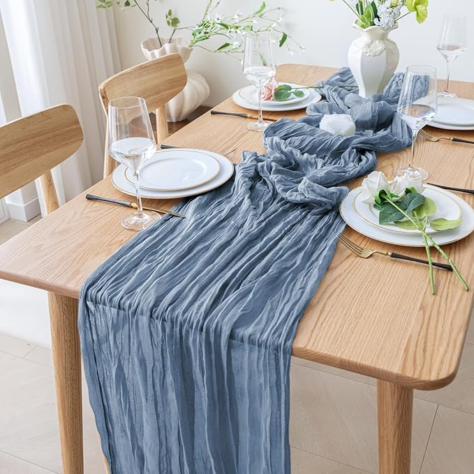 Table Runner Cheesecloth 10FT Dusty Blue Boho Gauze Cheese Cloth Rustic Sheer Table Runners for Wedding Bridal Baby Shower Party Decoration