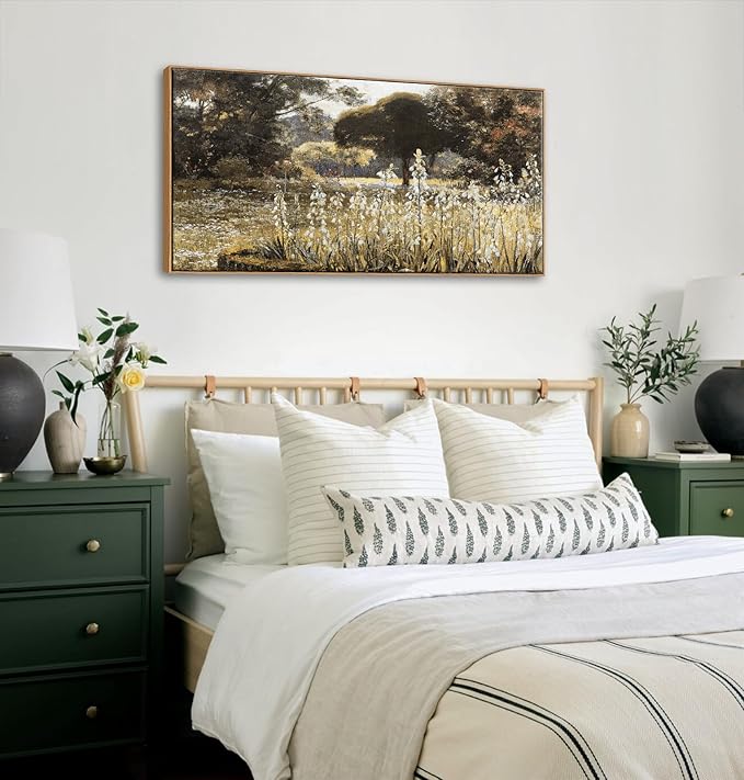 BLINFEIRU Framed Canvas Wall Art Decoration, Vintage Nature Landscape Painting Prints, Countryside Farmhouse Wildflower Field Artwork, Rustic Scenery Picture, Home Living Room Bedroom Decor 20"x40"