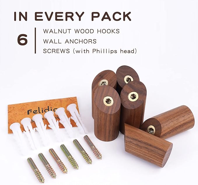 Wood Wall Hooks, 6 Pack Natural Wooden Coat Hooks Wall-Mounted, Rustic Heavy Duty Hook for Hanging Towels Coats Plants, Entryway Hat Hanger Wall Coat Rack (Walnut Wood)