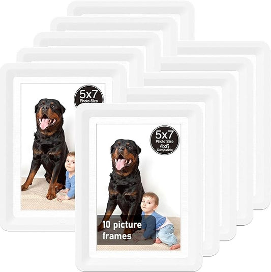 White 5x7 Picture Frame with Acrylic Front 10 Pack, ABS Frame for 5x7 or 4x11 Photos, Shatterproof UV-Resistant Tabletop Photo Frame, Vertical/Horizontal Display for Home Décor