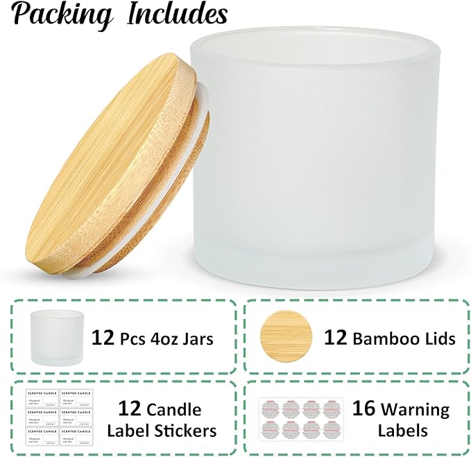 4oz Candle Jars 12 Pack- Frosted Bulk Small Glass Candle Jars with Bamboo Lids, with Stickers and Labels, Empty Candle Vessel for Making Candles Containers - Dishwasher Safe