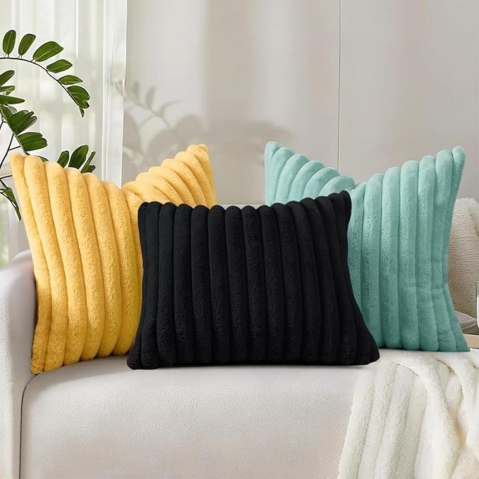 decorUhome Faux Fur Christmas Throw Pillow Covers 22x22 Set of 2, Decorative Soft Plush Striped Neutral Couch Euro Pillow Covers with Velvet Back for Sofa, Bed, Living Room Home Decor, Aqua