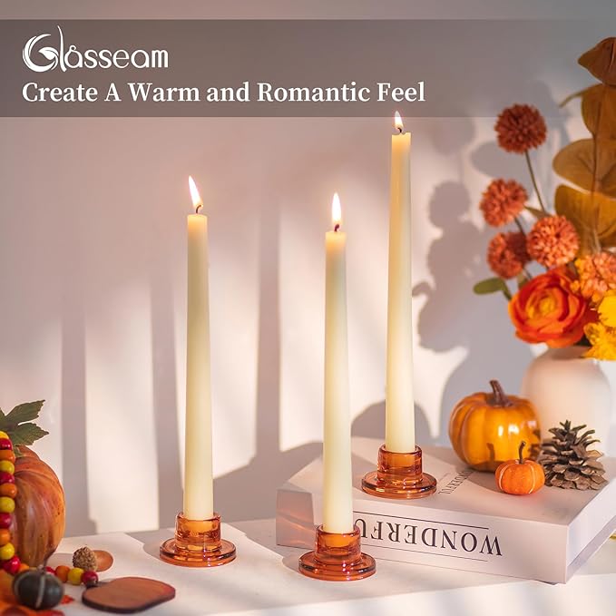 Glasseam Glass Taper Candle Holders: 10Pcs Small Tapered Candlestick Holders Bulk Short Amber Short Candle Sticks Holder Decor for Table Centerpiece Vintage Thanksgiving Christmas Fall Dinner Party