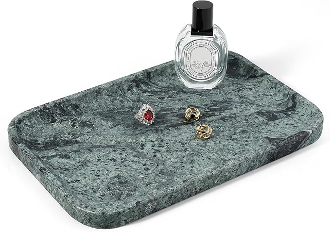 Koville Marble Tray, 12"x8" Natural Marble Vanity Tray for Countertop Bathroom Kitchen Dresser, Decorative Marble Catchall Trays for Perfume Jewelry, Rectangular Stone Serving Tray(Green)