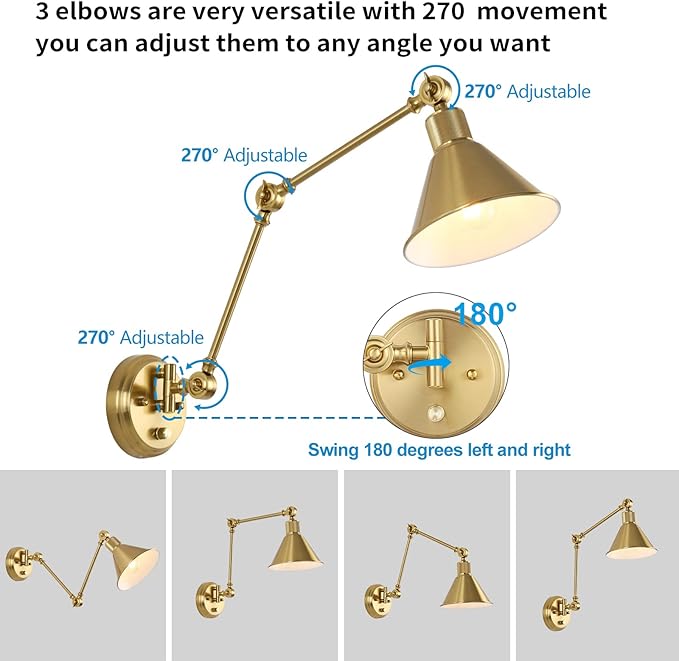 TRLIFE Wall Sconces Plug in, Dimmable Wall Sconces Brushed Brass Swing Arm Wall Lights Plug in Wall Mounted Light Industrial Wall Lights with 6FT Plug in Cord, E26 Base, UL Listed(2 Pack, 2 Bulbs)