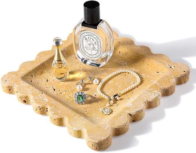 Travertine Scalloped Marble Tray, 7.8in Marble Vanity Tray, Premium Square Jewelry Dish for Perfume Earrings Keys Necklaces, Golden Decorative Tray for Bathroom, Unique Stone Dish, Decor Gift