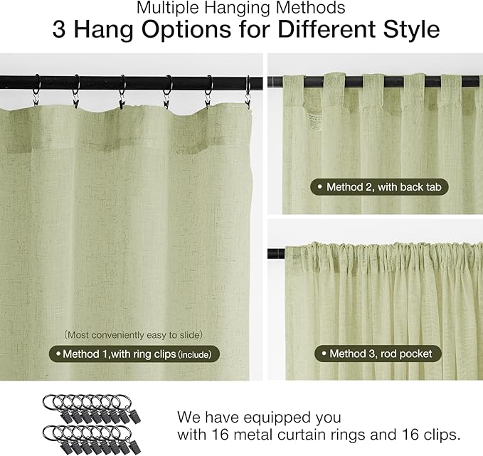 Anmao Natural Linen Curtains for Living Room 102 Inch Length 2 Panels Set, Light Filtering Semi Sheer Window Curtain Drapes for Bedroom with Curtain Rings and Clips, 52 Inch Wide Each Panel, Sage