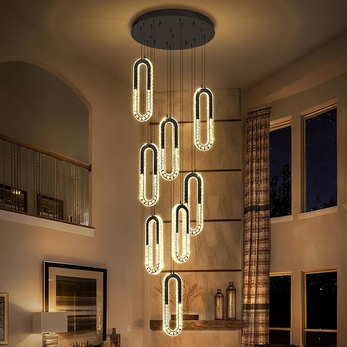 8 Rings Crystal Chandelier,H 118" Modern Black Pendant Light Luxury Foyer Lighting Fixture High Ceiling Chandelier for Entryway,Staircase,Living Room,Villa LED Dimmable 2700K-6000K