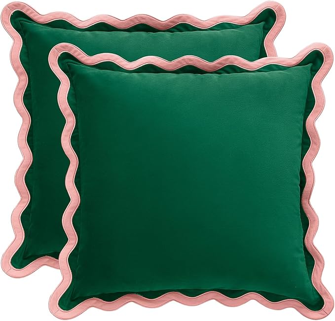 MONDAY MOOSE Decorative Throw Pillow Covers Cushion Cases, Set of 2 Soft Velvet Scalloped Wavy Edge Designs, Mix and Match for Home Decor, Pillow Inserts Not Included (22x22 inch, Pink/Green)