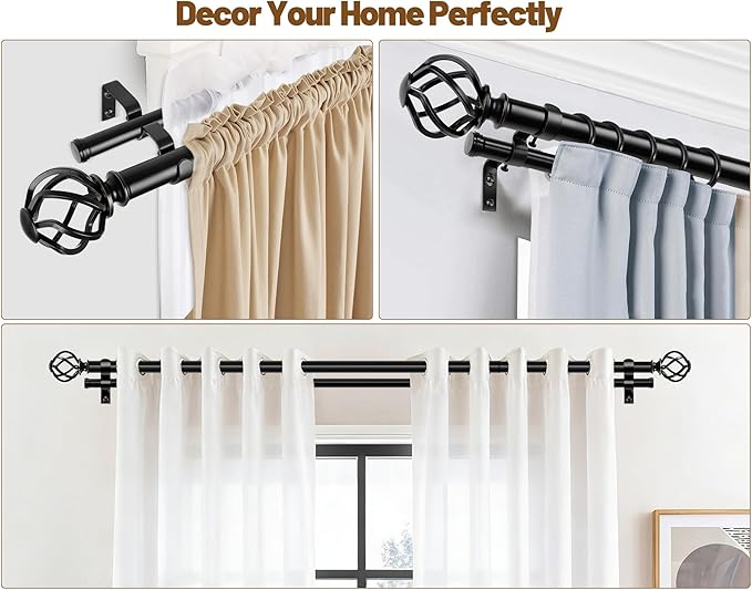 KAMANINA Black Double Curtain Rod 140 to 195 Inches (12-16 Feet), 1 Inch Curtain Rods for Windows 60 to 191, Heavy Duty Telescoping Drapery Rods with Twisted Cage Finials