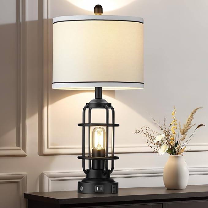 26" Modern Lamp for Living Room, Industrial 3-Way Dimmable Beside Table Lamp with USB A+C Charging Ports & AC Outlet, Touch Control Beside Lamp LED Night Light for Bedroom Single(2 Bulbs Included)