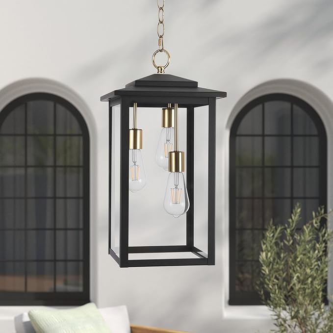 LamQee Large Outdoor Pendant Lights, 3-Lights Black and Gold Outdoor Chandelier Lighting Fixture, Modern Exterior Ceiling Hanging Lantern with Glass, for Porch Front Door Patio Gazebo Entryway Foyer