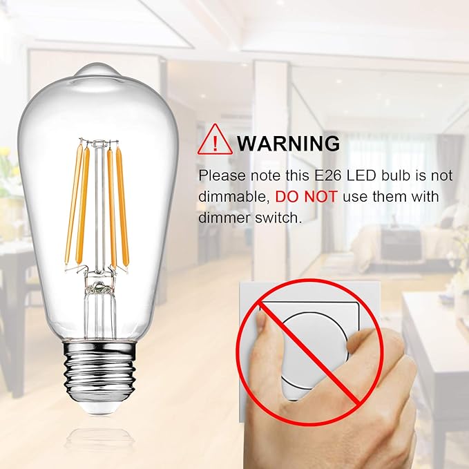 Ascher Vintage LED Edison Bulbs, 6W, Equivalent 60W, Non-Dimmable, Warm White 2700K, ST58 Antique LED Filament Bulbs with 80+ CRI, E26 Medium Base, Clear Glass, Pack of 8
