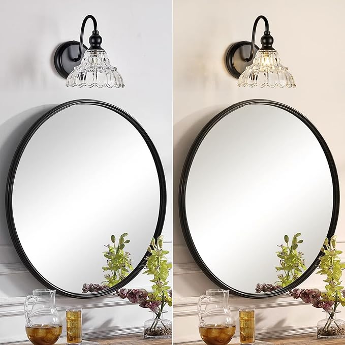 Modern Black Wall Sconce Mini Wall Light Made of Metal Body and Pressed Patterned Glass Retro Vanity Light for Bedroom, Bathroom, Doorway, Farmhouse