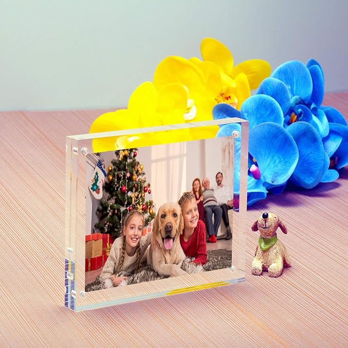 NIUBEE 5x5 Clear Acrylic Picture Frames 3 Pack, 20% Thicker Blocks Self Standing Magnetic Photo Frame, Desktop Card Display