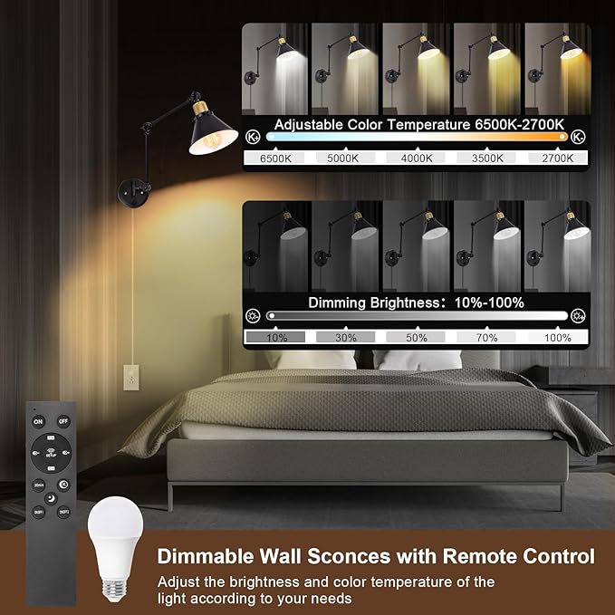 TRLIFE Dimmable Wall Sconce, Remote Control Plug in Wall Sconces Dimming 10%-100% and Adjustable Color Temperature 2700K-6000K, Swing Arm Wall Lights with Plug in Cord, UL Listed(2 Pack, 2 Bulbs)
