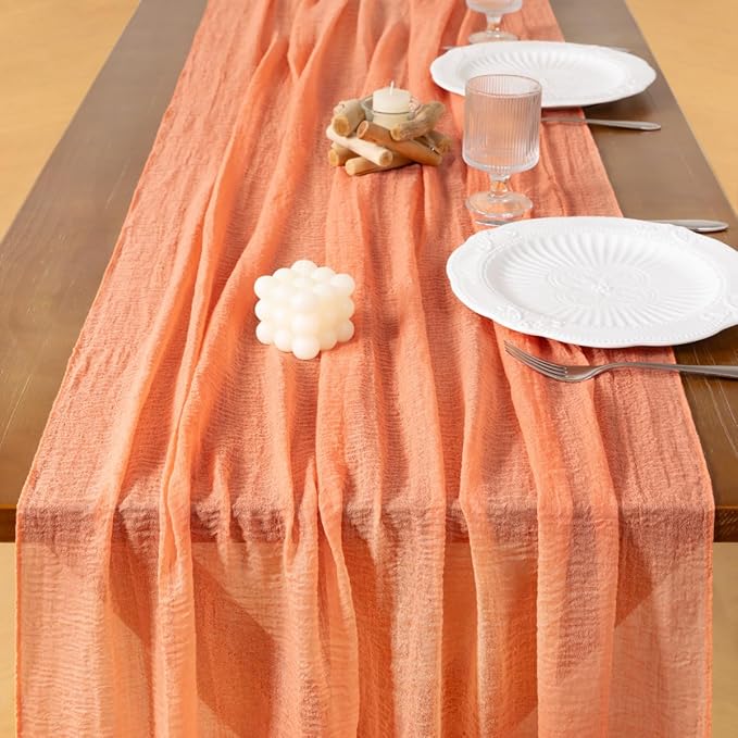 Socomi Peach Orange Valentine's Day Gauze Cheesecloth Table Runner 120 Inch Rustic Boho Cheese Cloth Runner for Wedding Party Baby Bridal Shower Centerpiece Decoration Holiday Home Decorations