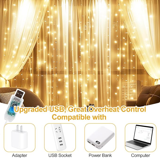 Fairy Curtain Lights Upgraded Tangle-Free Warm White USB Plug in 8 Modes String Hanging Lights with Remote for Christmas, Bedroom, Indoor, Outdoor, Weddings, Party (6.6FTx6.6FT)