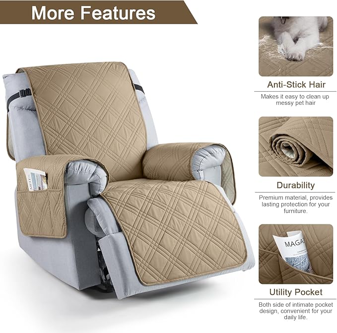 TAOCOCO 100% Waterproof Recliner Chair Cover Stay in Place, Recliner Covers for Small Recliner Chair with Pocket, Reclining Chair Cover Furniture Protector for Kids, Pets(20'', Camel)