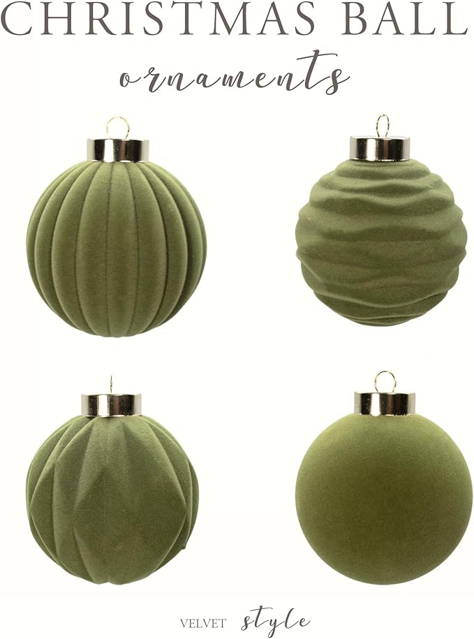 15PCS Green Velvet Flocked Christmas Ornaments, 3.15" Shatterproof Matte Balls for Xmas Tree Decor, Elegant Luxury Holiday Ornaments (Green)
