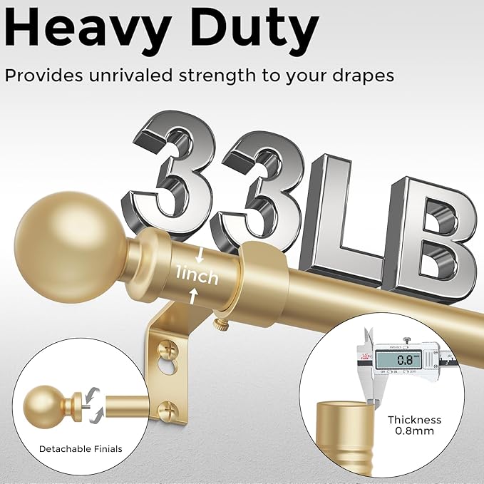 2 Pack Gold Curtain Rod, 1 Inch Adjustable Heavy Duty Curtain Rods for Windows 30 to 56 Inch, Decorative Modern Window Treatment Rods, Splicing Metal Drapery Pole, Easy Installation