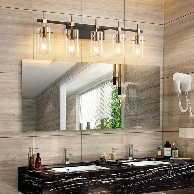 SOLFART 40.1 inch Vintage Brass Bathroom Vanity Light fixtures Bathroom Wall Lights Over Mirror with Glass Shade 5 Light