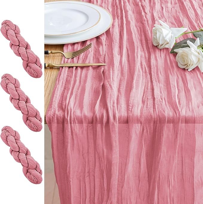 3PCS Table Runner Cheesecloth 10FT Dusty Rose Boho Gauze Cheese Cloth Rustic Sheer Table Runners for Wedding Birthday Bridal Baby Shower Party Decoration