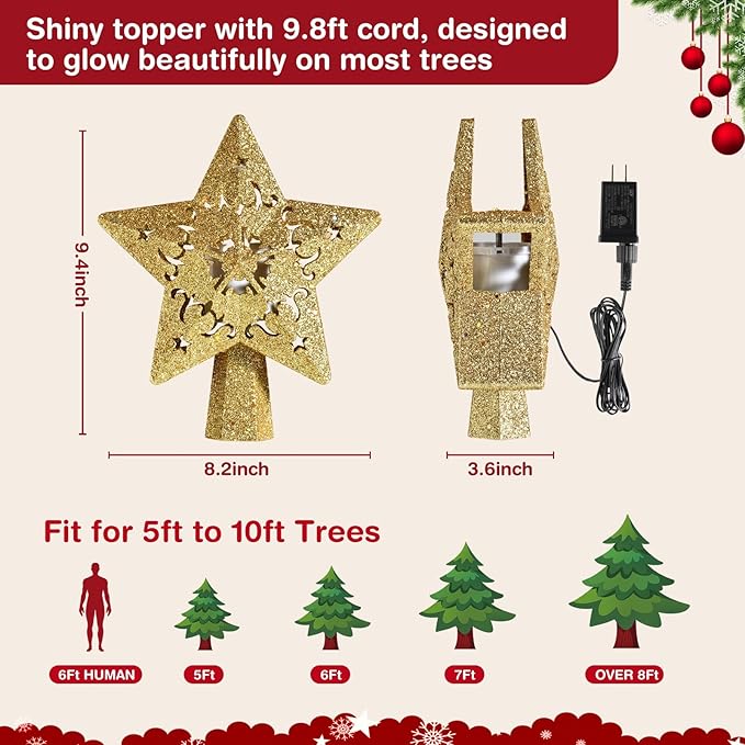 Christmas Tree Topper, Rotating 3D Hollow Sparkling Star Christmas Decorations for Tree Topper, Christmas Tree Star for Xmas Party Holiday Decorations(Gold)
