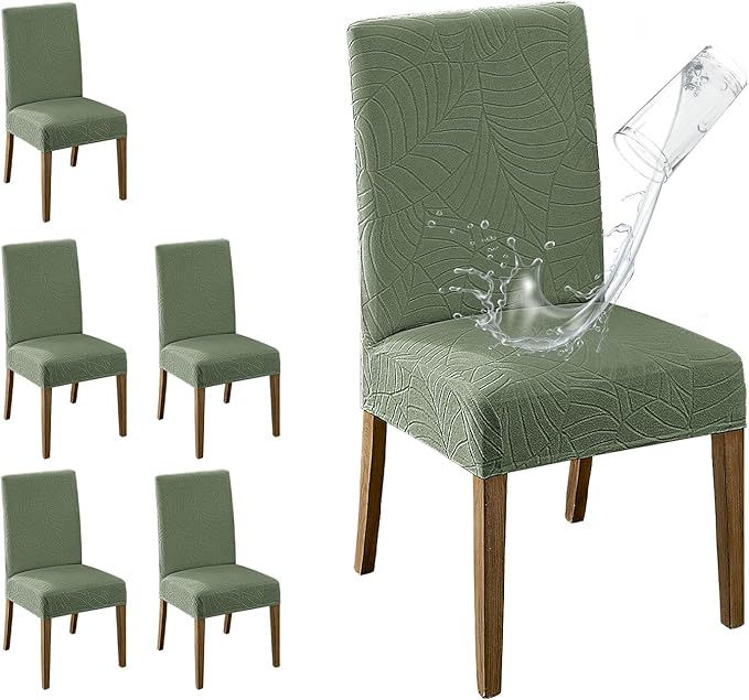 MOSAYT 100% Waterproof Dining Room Chair Covers Set of 6, Super Fit Stretch Jacquard Parson Chairs Slipcovers Removable Washable Chair Seat Protectors for Home, Kitchen, Banquet (Green - XL)