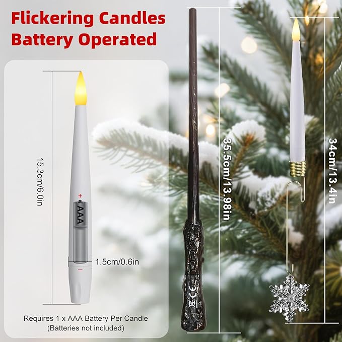 Christmas Tree Candles with Magic Wand 12 Pack Flameless Candles for Christmas Tree Flickering Battery Operated LED Candle for Holiday Home Party Decor with Snowflake