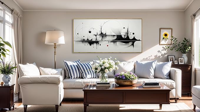 Wall Art Modern Artwork Black And White Canvas Painting Geometric Line Art Wall Decor for Living Room Bedroom Dining Room Home Office Decor 30"x60" with Framed
