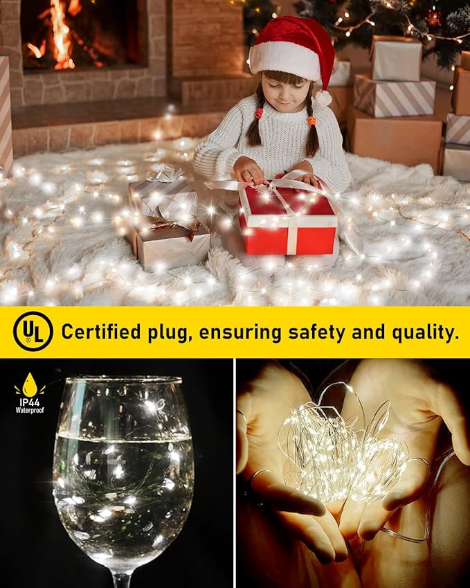 KNONEW 100FT Outdoor Christmas Fairy Lights Plug in,300 LED String Lights Outdoor Waterproof 8 Modes for Wedding Bedroom Walls Garden Trees Decoration(Cool White)