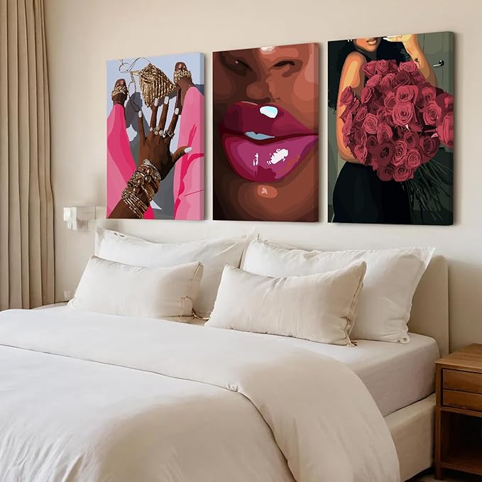Black Girl Wall Art African Woman Canvas Wall Decor Pink Black Women People Art Fashion Poster African American Girl Picture Abstract Flower Painting for Bedroom Living Room 12x16x3 Inch Ready to Hang