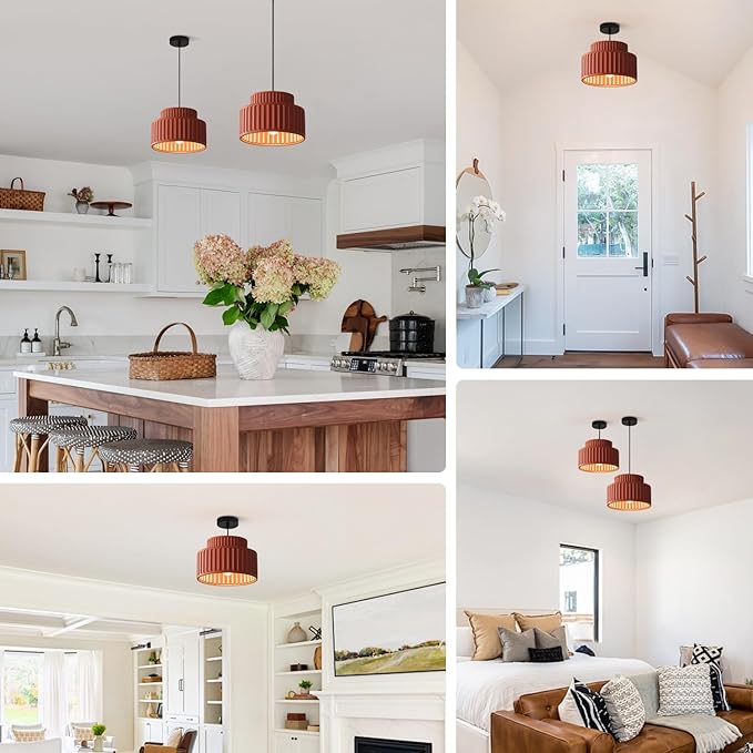 Mid Century Modern Nordic Pendant Lights Kitchen Island Vintage 1 Light Single Hanging Light Fixture with Orange Red Resin Shade Colorful Round Pendant Lighting for Dining Room Hallway MPL33-R
