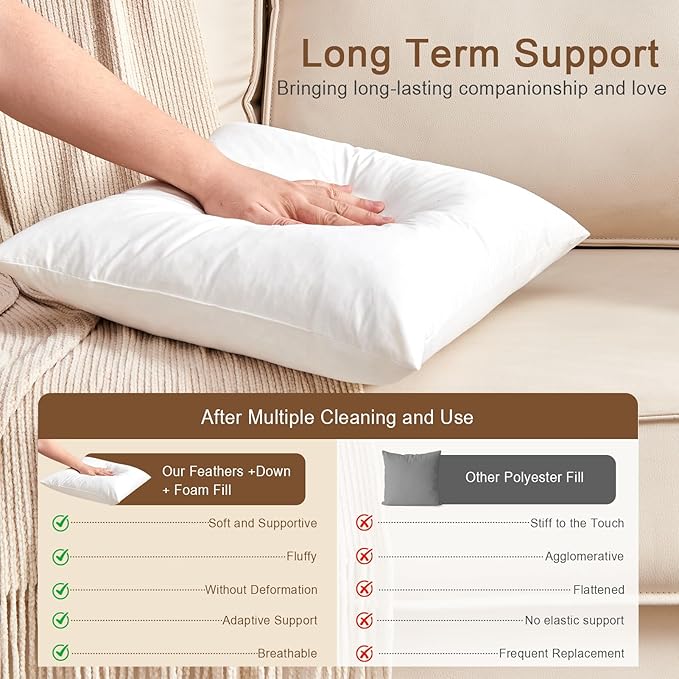 Organic Feather Down Lumbar Pillow Inserts (14x24 Inch, Set of 2) - 100% Cotton Shell, Filling of Feathers & Memory Foam, Rectangular Decorative Pillow Form Core for Couch, Sofa, and Bed