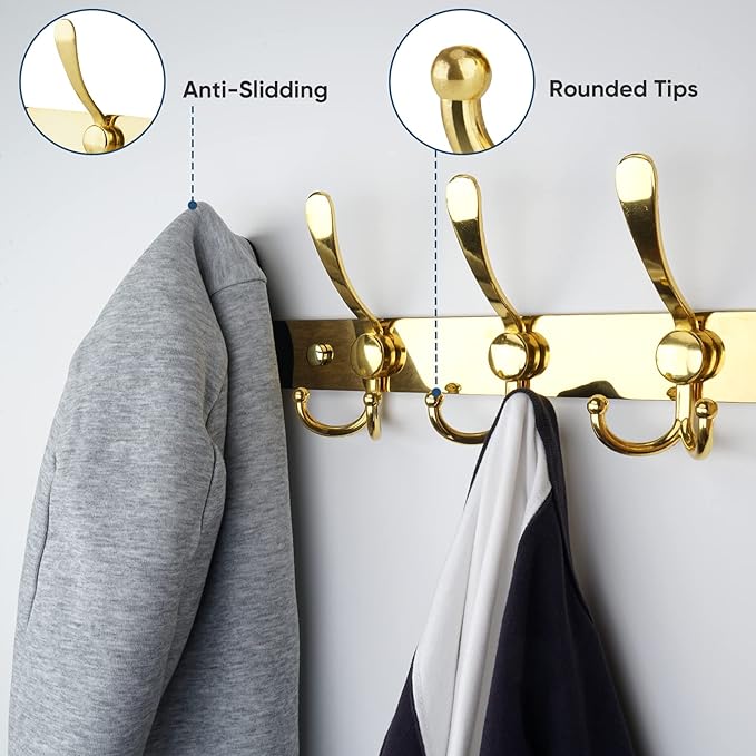 TICONN Wall Mounted Coat Rack, Five Heavy Duty Tri Hooks All Metal Construction for Jacket Coat Hat in Mudroom Entryway (Gold, 2-Pack)